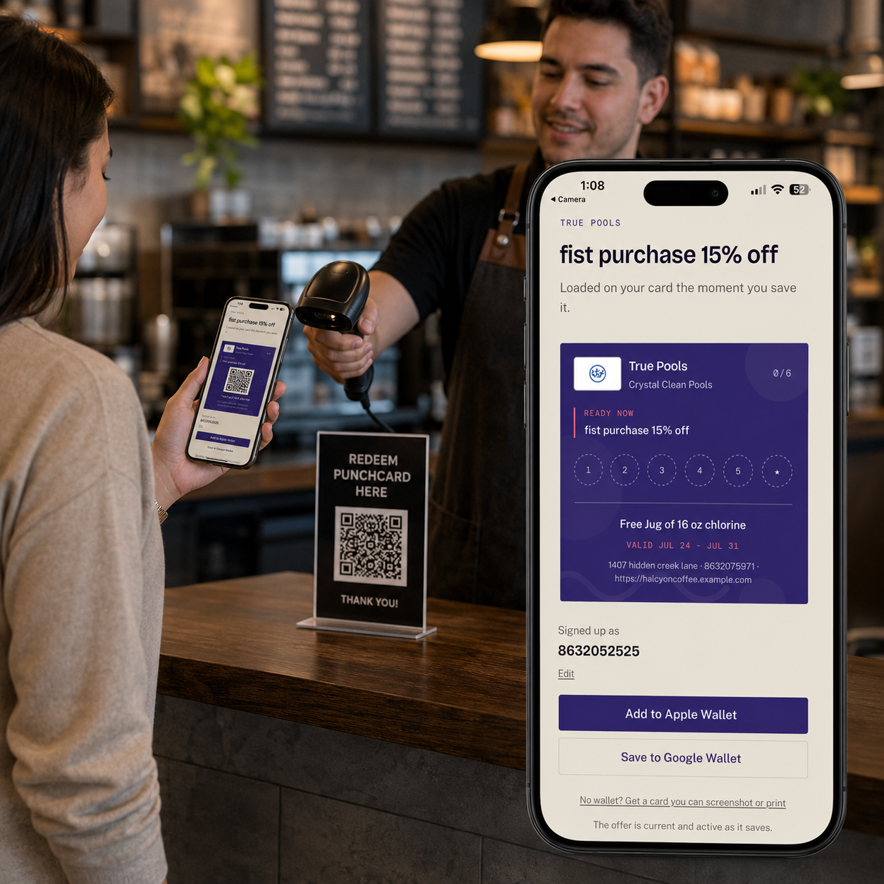 A barista scanning a customer's digital punch card at the counter
